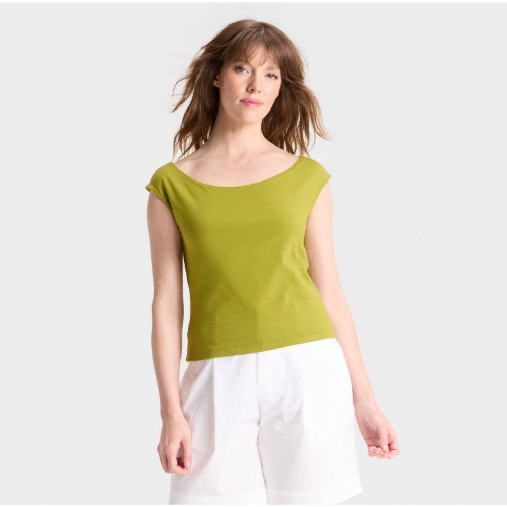 A New Day Boat Neck Cap Sleeve T-Shirt Chartreuse Green Womens Large Brand New
